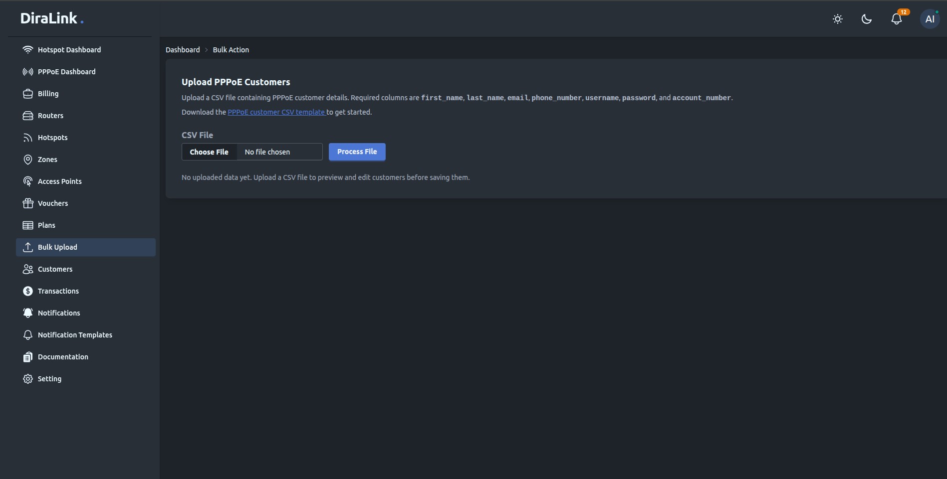 Bulk upload tool showing preview of plan updates and validation states