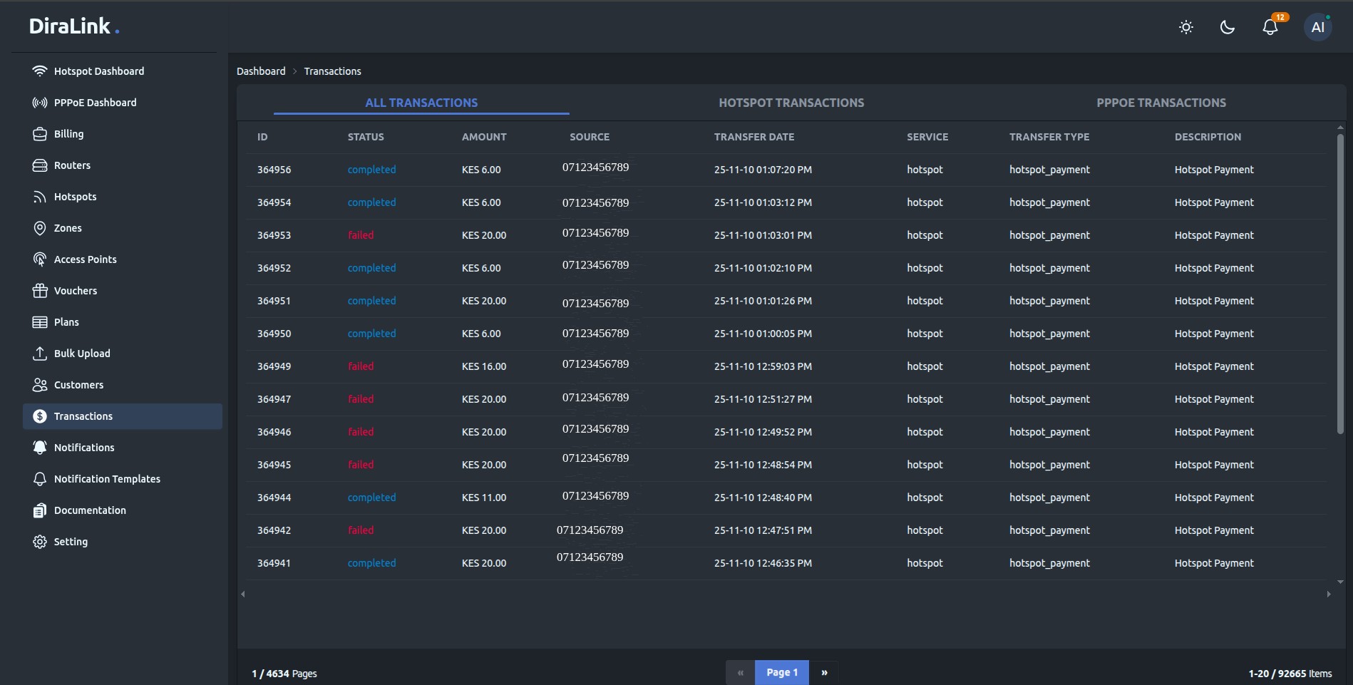 Transaction list highlighting payment sources, statuses, and network actions